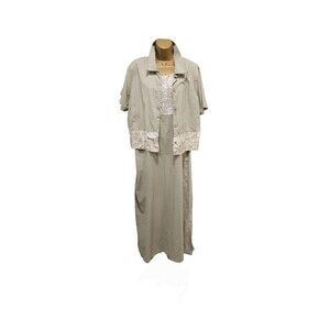 Cottage Coastal Grandma Modest Two Piece Tan White Jacket Tank Dress Womens Med
